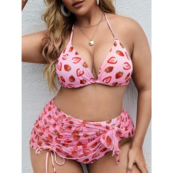 NEW Strawberry Print High Waist Triangle Top Bikini with Sarong Size 2XL C-G Cup - Picture 1 of 8